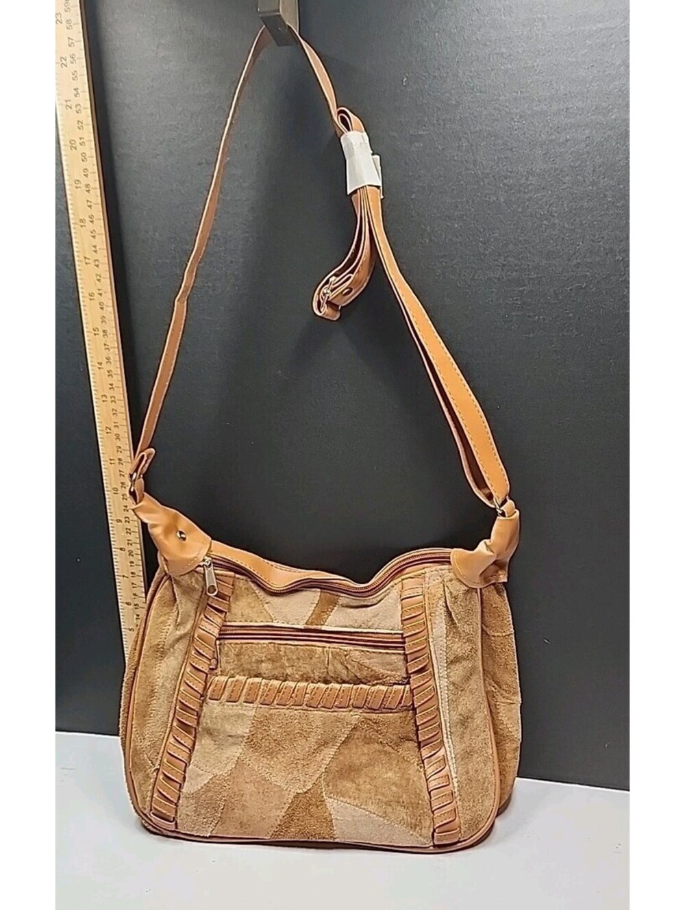 Patchwork Faux Suede Purse, Approx 11" Wide,  7.5" Deep, Adj. Strap,4 outer Zip